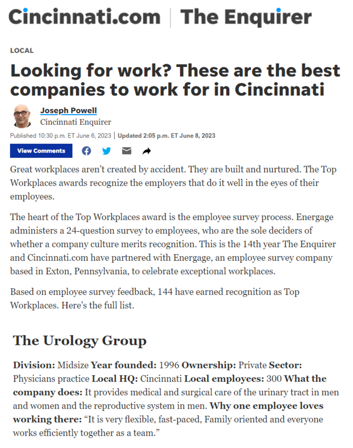 Cincinnati Enquirer Top Workplaces Ranking The Urology Group